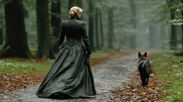 Victorian era woman walking path with dog