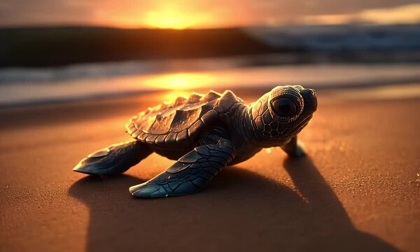 Baby turtle sunrise beach