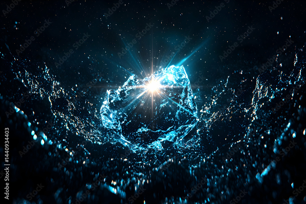 Poster a dramatic abstract artwork featuring a luminous object at the center surrounded by splashing water 