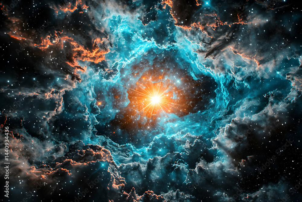Poster a celestial scene showcases a vibrant nebula and countless stars. perfect for space-themed art scien