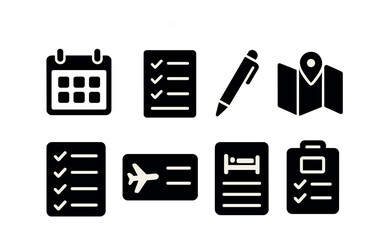 Business and productivity solid icons set – filled style organization, management, and planning symbols for efficient workflow: calendar, checklist, pen, map, ticket, bed, clipboard.