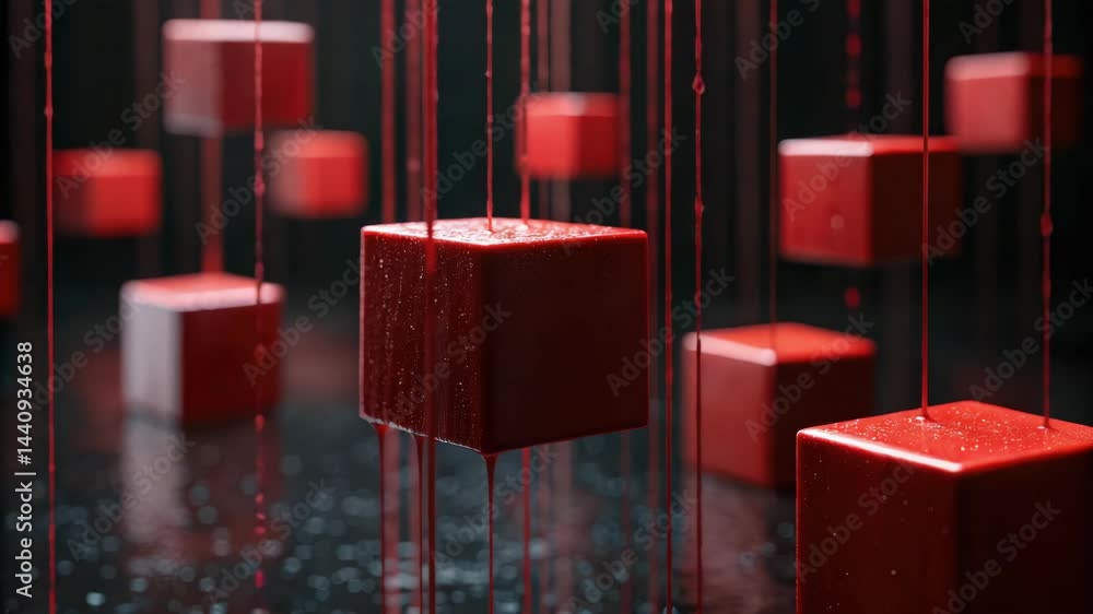 Aufkleber floating red cubes create a surreal scene of digital ink leakage, blending technology with abstract 