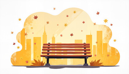 Autumn park bench in cityscape with falling leaves, seasonal tranquility