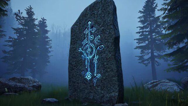 Mystical Runestone with Glowing Symbol in Misty Forest
