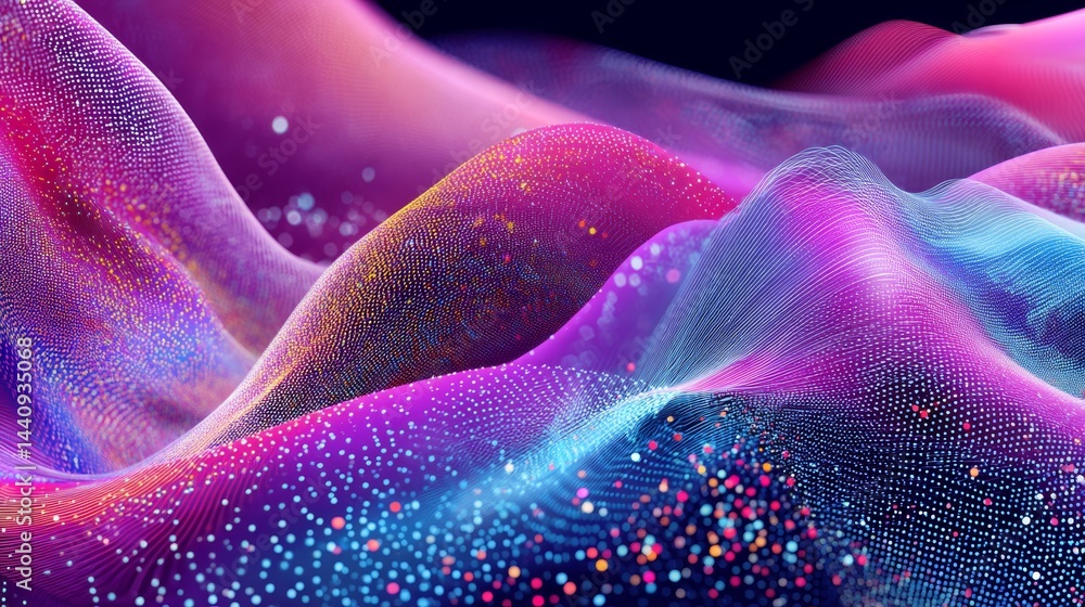 Poster dynamic fractal digital art: abstract flowing data visualization with vibrant blue and purple color 