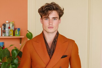 Confident man in rust orange blazer with silk printed scarf, indoor fashion portrait with stylish modern look and elegant color palette, warm tones and youthful appearance

