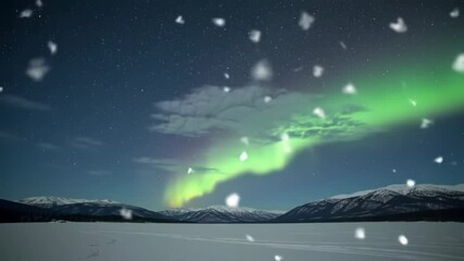 Serene winter landscape featuring aurora borealis and softly falling snow animation - Powered by Adobe