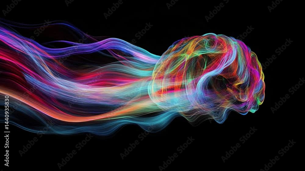 Poster creative brain activity with colorful energy streams, concept of innovation and neural networks