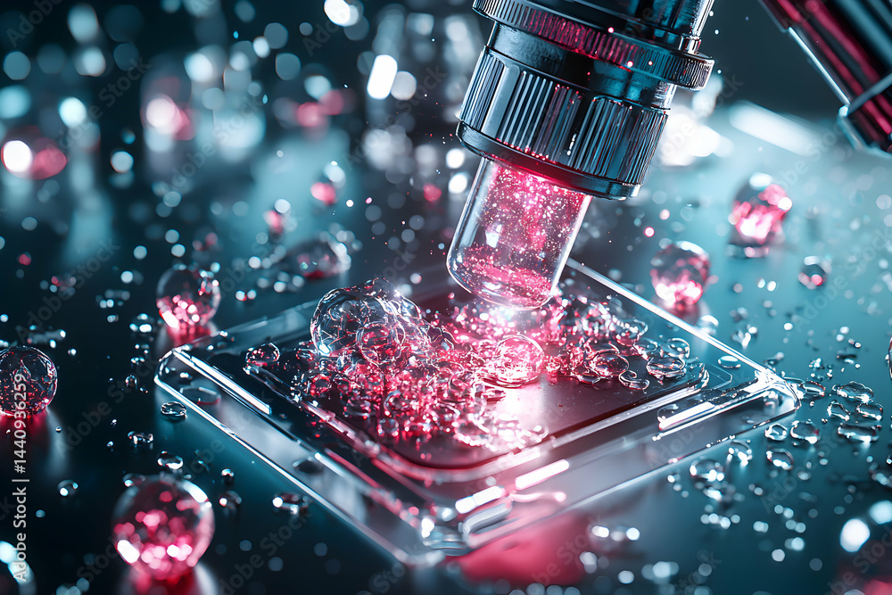 Poster microscopic view of a scientific process. the image suggests research on nanomachines or microscopic
