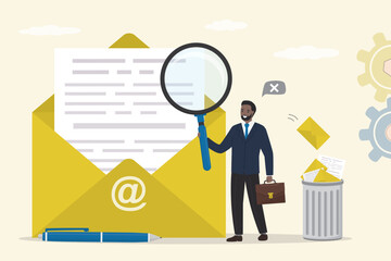 Businessman scan email with magnifying glass and throw junk mail into trash bin. Deleting scam mail, danger email. Cyber security, data protection,