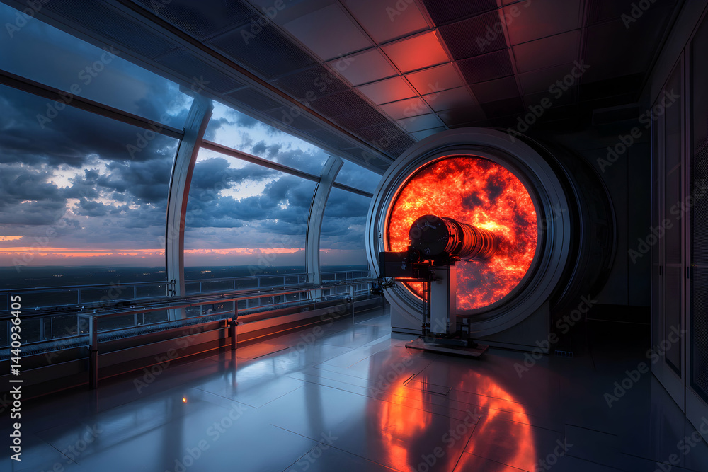 Poster futuristic observatory with a fiery portal. ideal for sci-fi visual effects or unique game environme