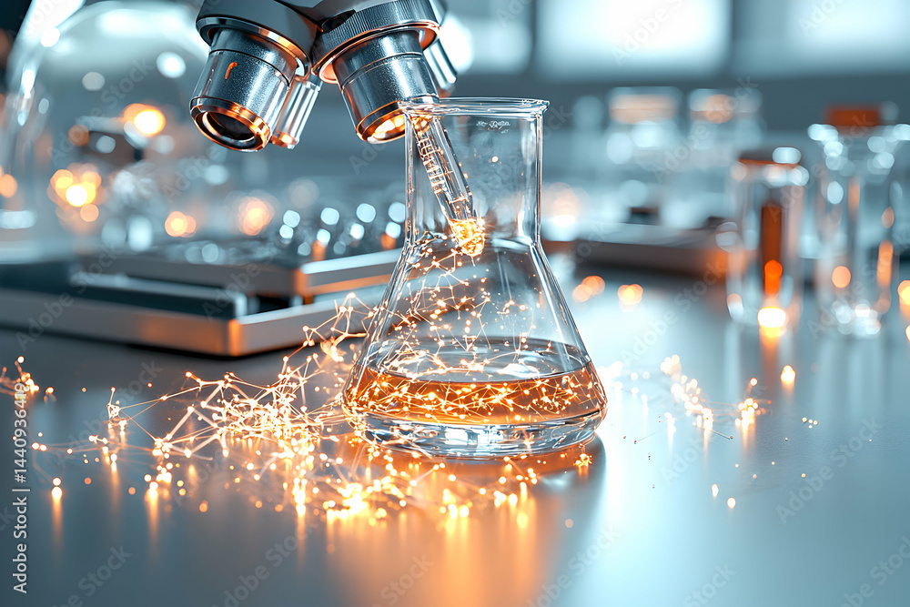Poster a scientific lab setting with a microscope flask and glowing lights suggesting research analysis. us