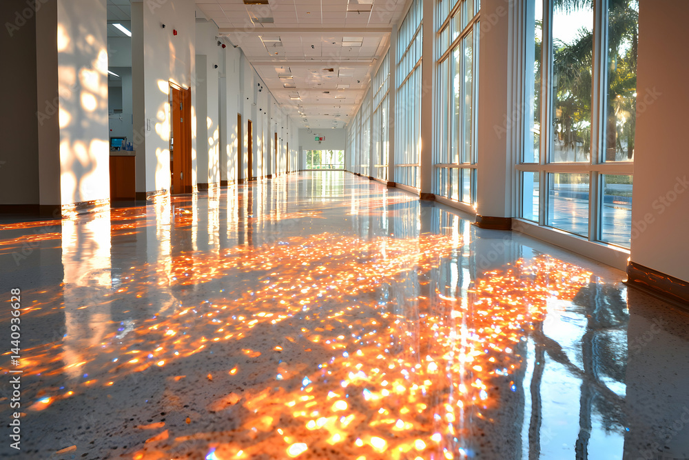 Poster a long corridor with a polished floor reflects sunlight creating an array of shimmering golden hues.