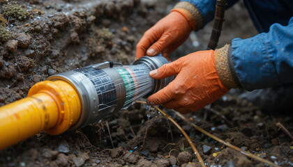 Obraz premium Technician in orange gloves operating large yellow pipe