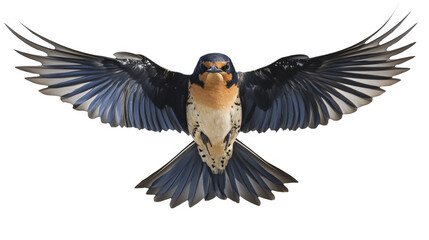 Obraz premium Barn swallow soars, wings spread, displaying colorful plumage and intricate feather structures in flight, frontal view on a transparent background, PNG image, PNG file.