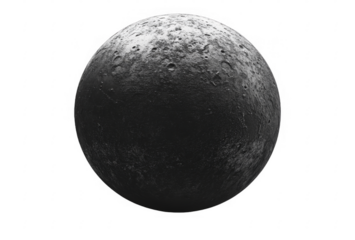 Monochrome sphere showing detailed surface craters and texture, against complete blackness. on a transparent background, PNG image, PNG file.