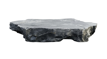 Flat gray stone rock slab, with layered texture and natural rough edges, platform podium for product display mockups, on a transparent background, PNG image, PNG file.