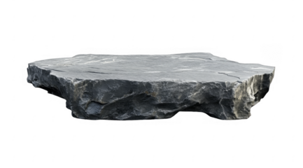 Flat gray stone rock slab, with layered texture and natural rough edges, platform podium for product display mockups, on a transparent background, PNG image, PNG file.