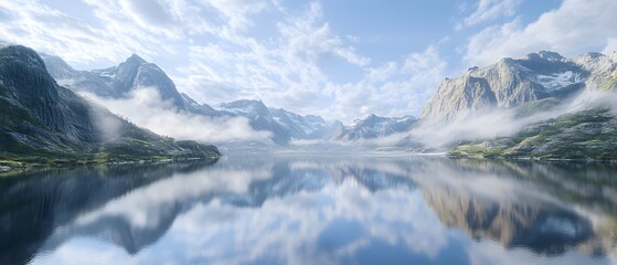 Serene Mountain Lake: A breathtaking panorama unfolds, with towering, snow-capped mountains reflecting gracefully in the still waters of a tranquil lake, under a vast sky filled with wisps of clouds.