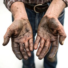 Dirty hands of worker, strong textures, isolated on clean white
