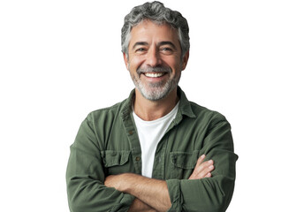 Smiling mature man with gray hair and beard wearing a green shirt with arms crossed posing. on a transparent background, PNG image, PNG file.
