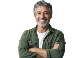 Smiling mature man with gray hair and beard wearing a green shirt with arms crossed posing. on a transparent background, PNG image, PNG file.