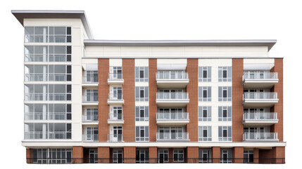 Facade of modern multistory apartment building featuring brick and stucco with balconies and windows on a transparent background, PNG image, PNG file.