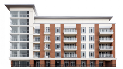 Facade of modern multistory apartment building featuring brick and stucco with balconies and windows on a transparent background, PNG image, PNG file.