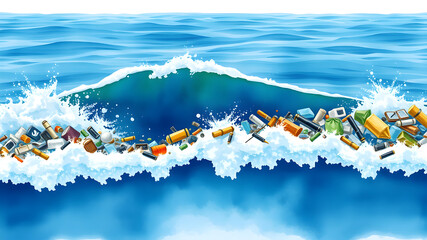 Pollution in the seas and garbage thrown into the sea watercolor design background. Generative AI