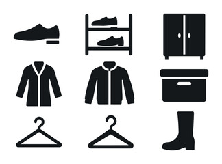 Wardrobe essentials solid icons set – silhouette style fashion, organization, and clothing symbols: shoe, shoe rack, wardrobe, coat, jacket, hanger, box, boot.
