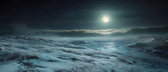 Fototapeta premium Celestial Serenity: The full moon casts an ethereal glow across a snow-covered expanse, twinkling stars, creating a scene of otherworldly beauty and stillness.