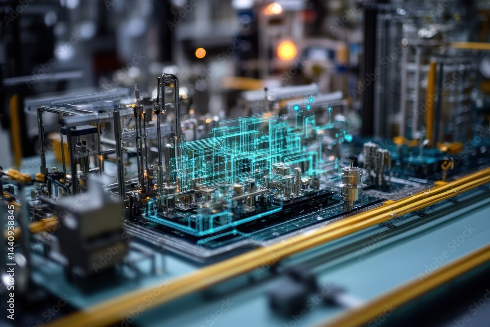 Poster data processing systems and diagrams displayed on a circuit board during a technological overview, s
