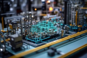 Data processing systems and diagrams displayed on a circuit board during a technological overview, scope scanning over diagrams and data processing
