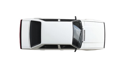 High angle view of a classic white sedan car, emphasizing the vehicle's roof and body shape, against stark background, on a transparent background, PNG image, PNG file.