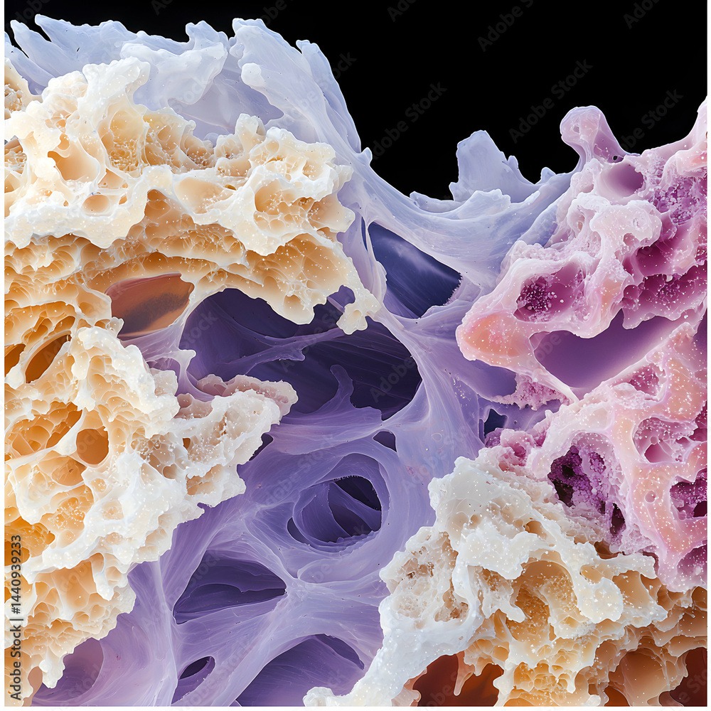 Poster this macro image displays intricate structures possibly biological. it shows an abstract colorful co