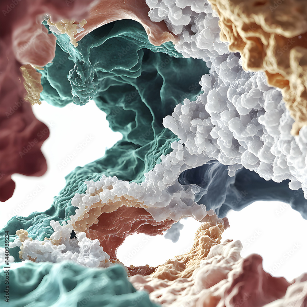 Poster abstract macro image with swirling colors and textures resembling microscopic structures. suggests a