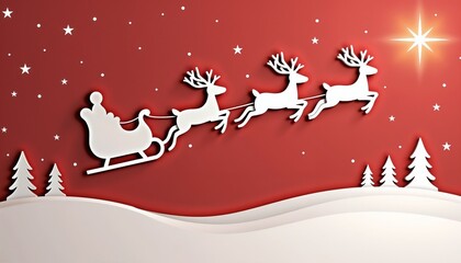 Stylized Santa Claus and reindeer festive delivering presents against red sky and snowy drifts