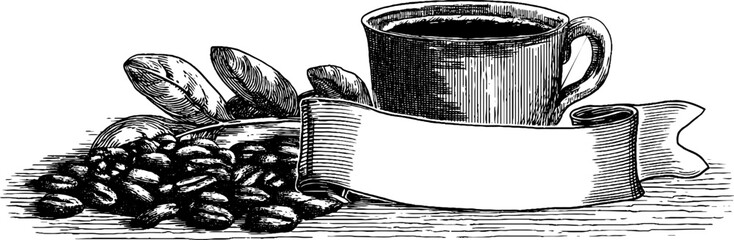 Vintage coffee illustration with engraved frame and blank banner for design