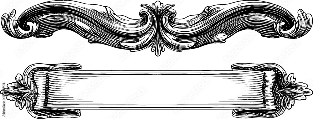 Poster vintage engraved set of scroll and baroque banner for elegant design projects