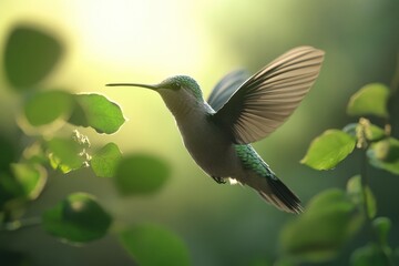 Fototapeta premium Hummingbird hovering gracefully near lush green leaves in a soft glowing background, Humming bird, beautiful 3d
