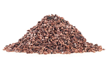 Heap of cacao nibs isolated on a white background. Pieces of broken cocoa beans. Natural and organic cacao nibs.