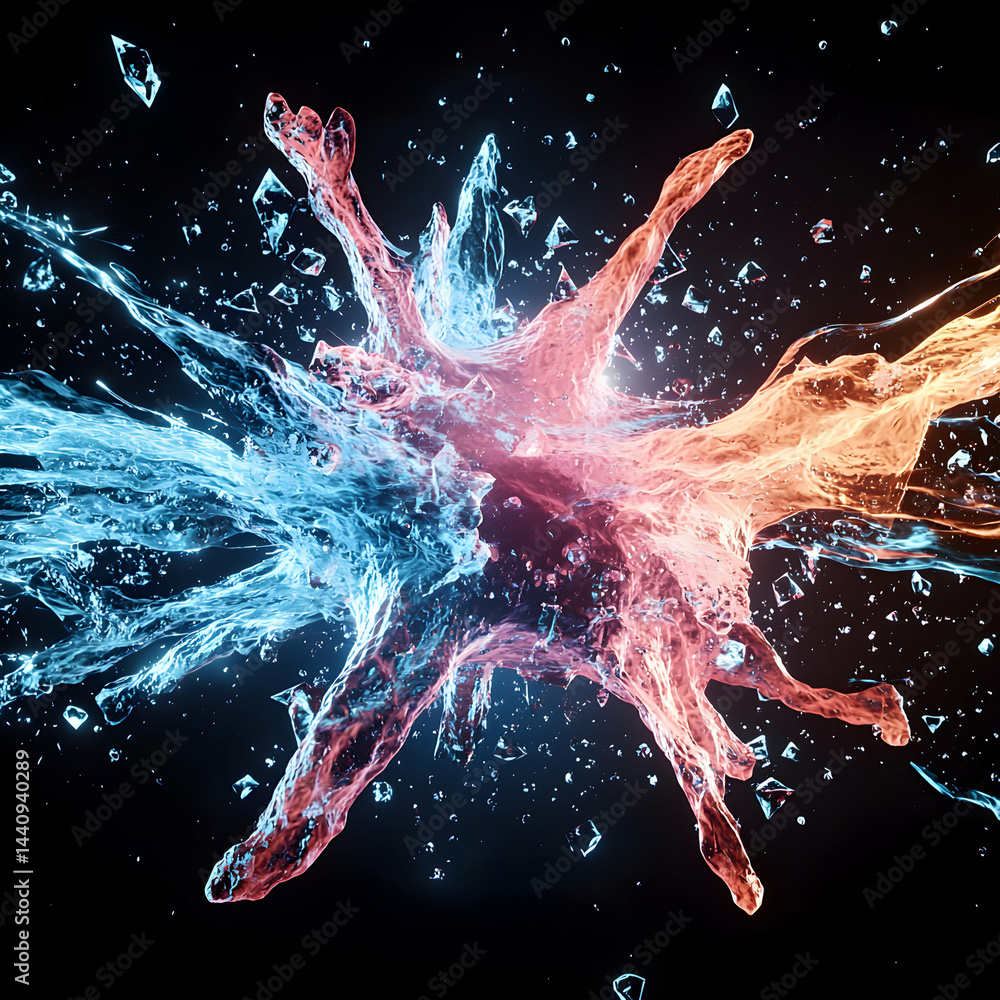 Poster an abstract digital artwork depicting a clash of opposing forces. use it for tech backgrounds or alb