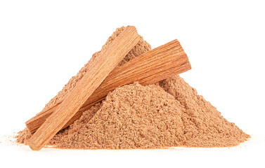 Sandalwood sticks and sandalwood powder isolated on white background. Perfume, medicine.