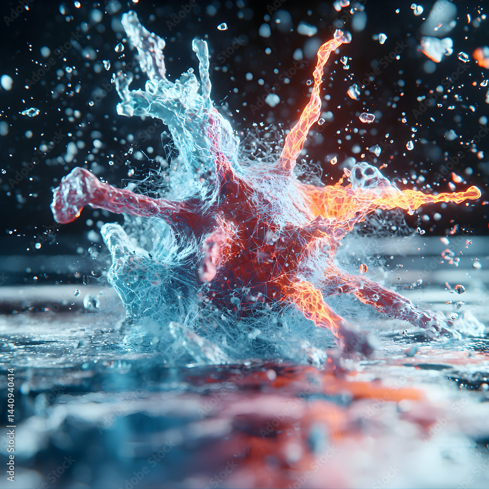 Aufkleber an artistic rendering of a cell erupting in water with glowing fiery elements. ideal for medical or 