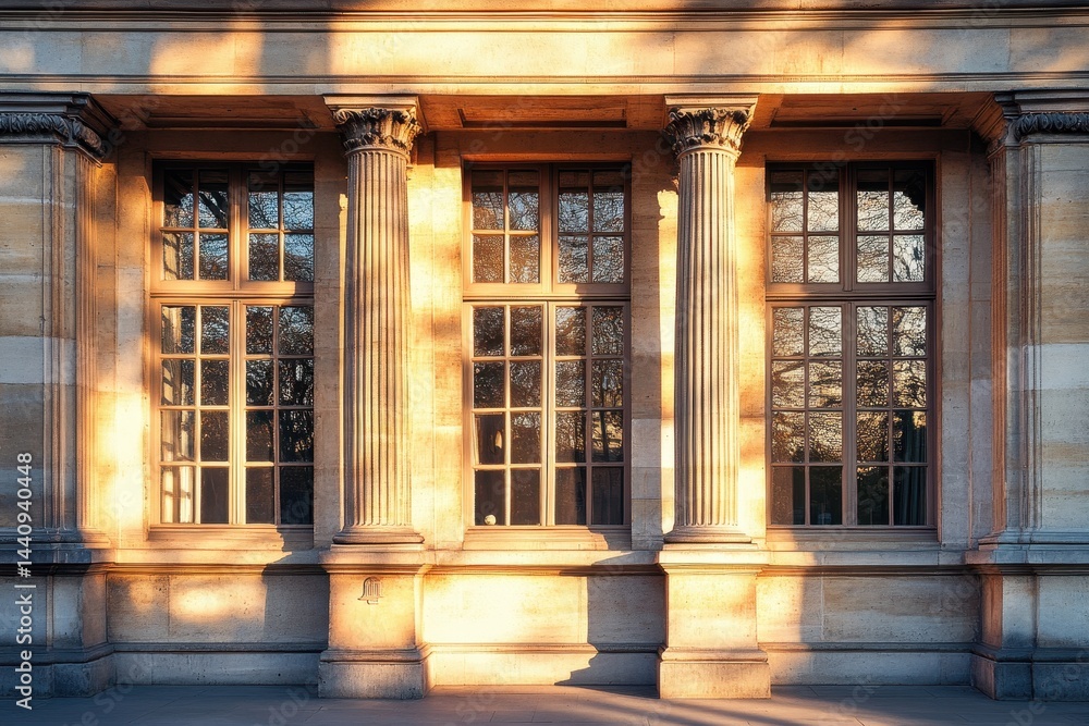 Poster sunlight illuminates the facade of an old architectural building with detailed columns and window fe
