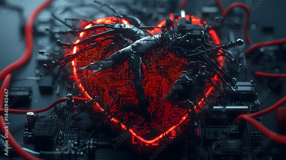 Poster this image depicts a futuristic circuit board shaped like a heart with glowing red lines and wires. 