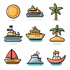 Colorful illustrations of various ships and maritime elements arranged in a grid layout, ideal for summer-themed design