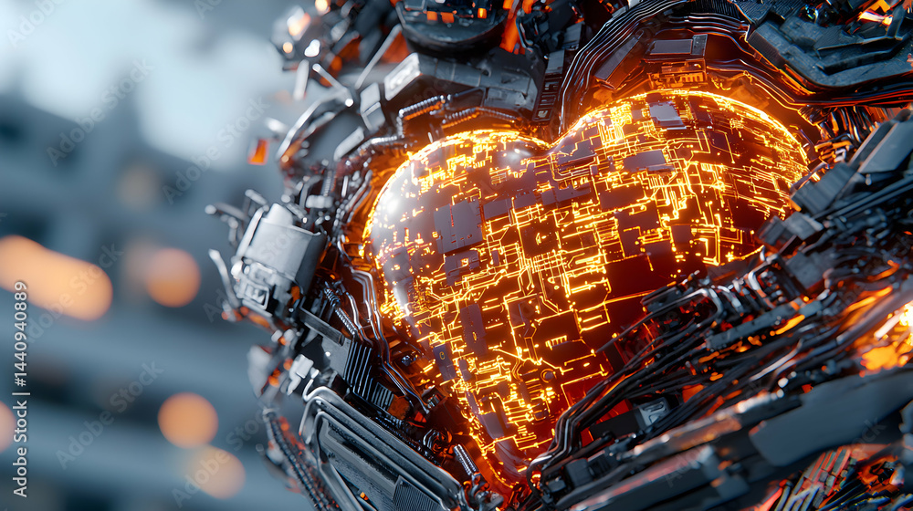 Poster a futuristic heart made of circuits and technology glows intensely. this could represent digital lov
