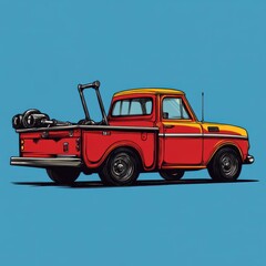 Classic red and yellow pickup truck with a vintage design under a bright blue sky