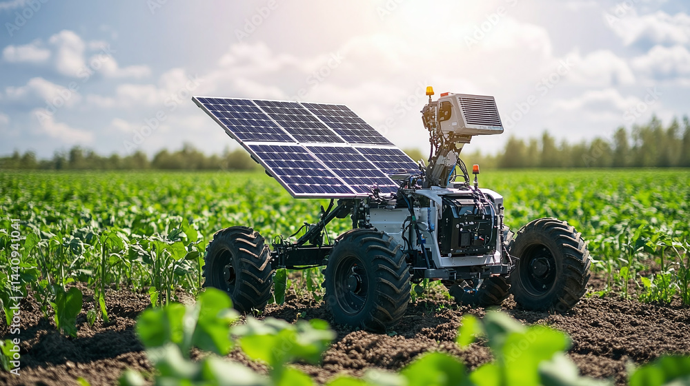 Poster a solar-powered agriculture robot working in the field. integration of renewable energy and advanced